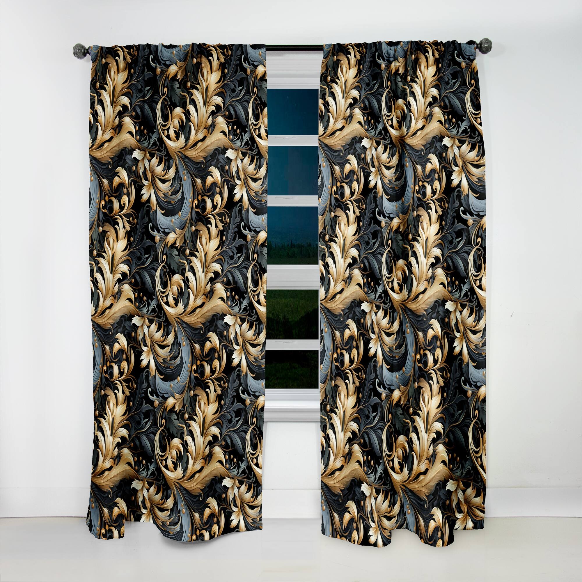 Designart "Black And Gold Damask Flower Blossoms I" Damask Blackout